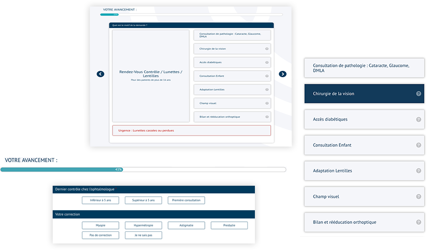 Visuels du formulaire de pré-consultation permettant de définir un rendez-vous pour un opticien, orthoptiste ou ophtalmologue