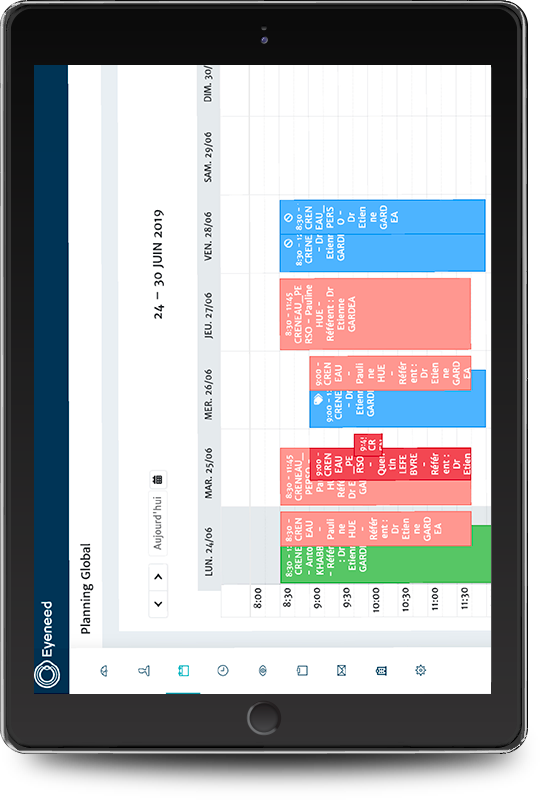 Visuel de fond, page d'agenda d'un opticien, orthoptiste ou ophtalmologue visualisée sur tablette