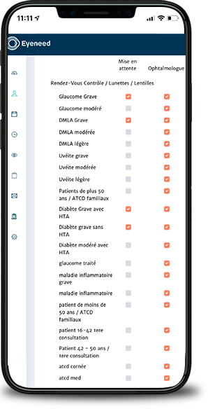 Page de gestion des motifs de consultation d'un opticien, orthoptiste ou ophtalmologue visualisée sur smartphone